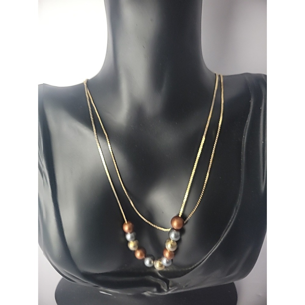 Vintage Gold Tone Multi Strand Chain Necklace Beaded Jewelry Costume